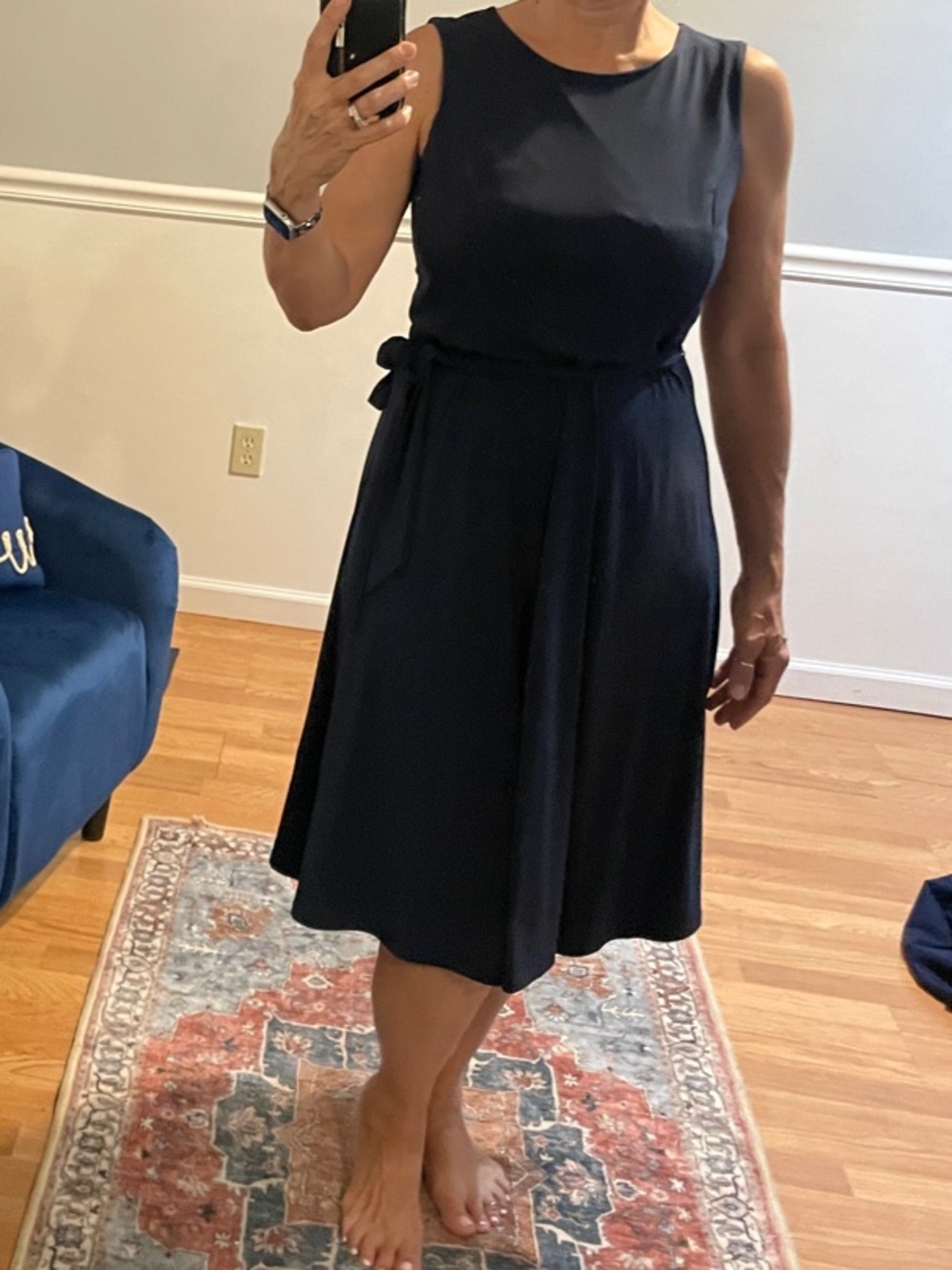White House Black Market Navy Sleeveless Midi Dress with Self Tie
